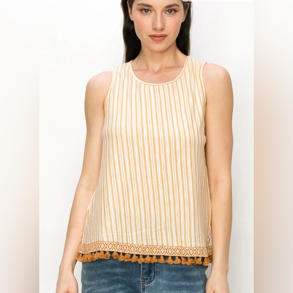 W5 Boho Stripe Tassel Trim Sleeveless Top Mustard Lightweight Cotton Size XL